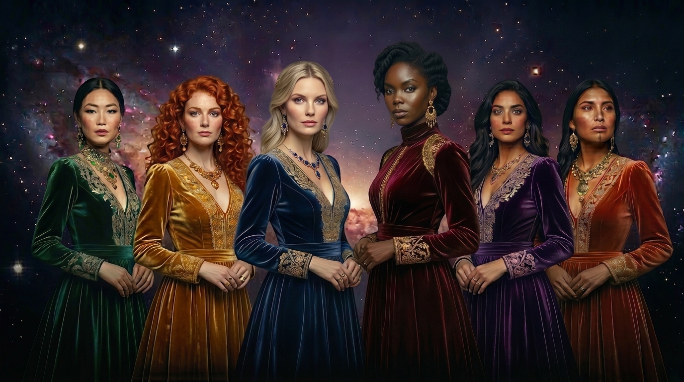 Six women in jewel-toned velvet gowns standing together before a cosmic sky — the silent council; the woman in wine velvet is Lilith
